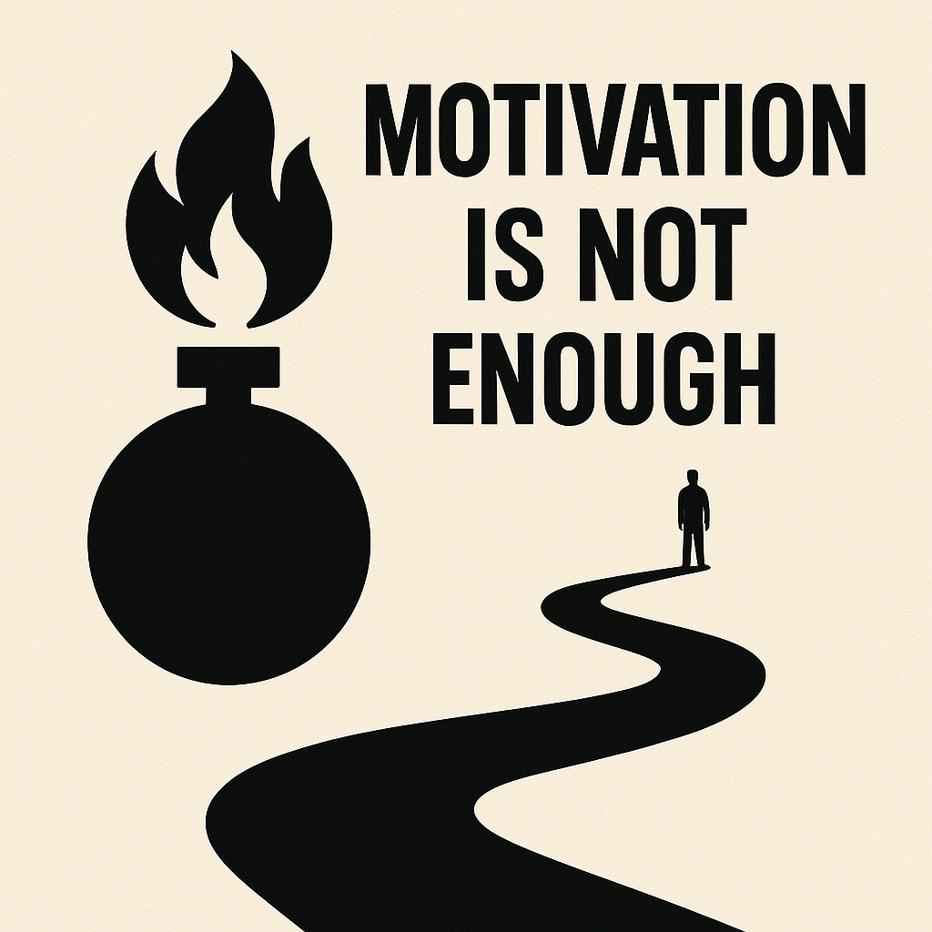 A minimalist graphic features the phrase “Motivation Is Not Enough” in bold white text on a dark background. A winding staircase leads upward into a blank space, symbolizing discipline, persistence, and the long-term journey beyond fleeting motivation.