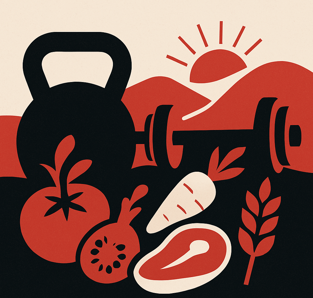 Flat-style digital illustration of a strong, healthy man and woman surrounded by whole foods like fruits, vegetables, and proteins—symbolizing balanced, sustainable nutrition and fitness.