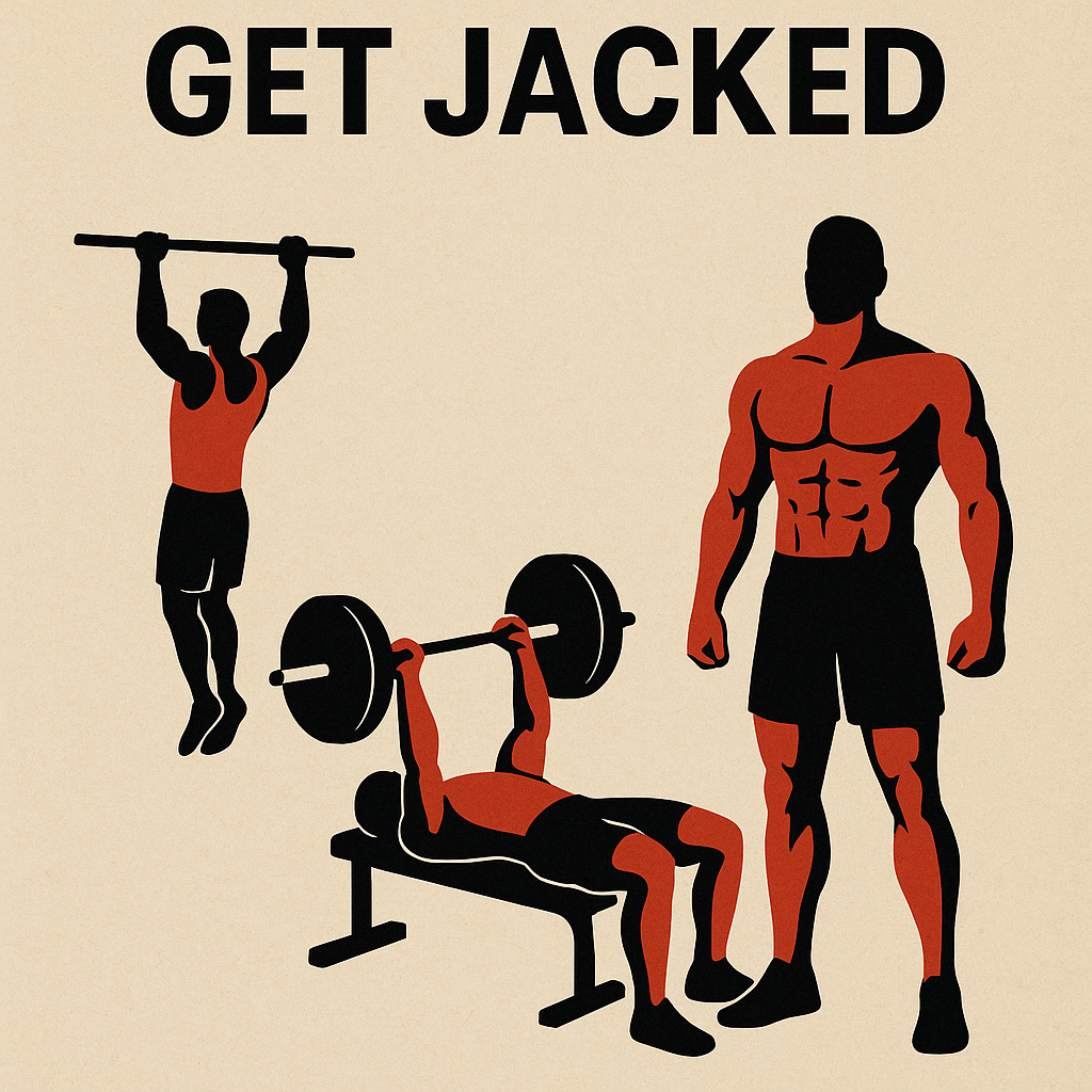 "Minimalist digital illustration of three individuals training, with one performing a heavy deadlift, another doing a pull-up, and a third lifting a kettlebell—set against a clean, neutral background with minimal text."