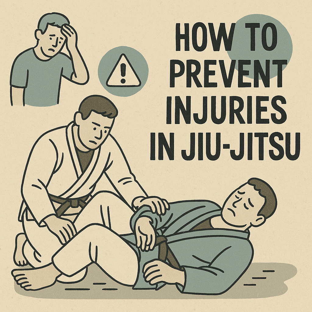 A minimalist digital illustration of two Brazilian Jiu-Jitsu practitioners sparring on the mat, with muted beige tones and abstract geometric lines symbolizing controlled movement, safety, and injury prevention.