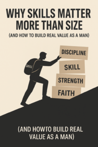 Minimalist illustration of a man climbing a slope while stacking labeled blocks—Faith, Strength, Skill, and Discipline—symbolizing the process of building high value as a man through consistent self-improvement.