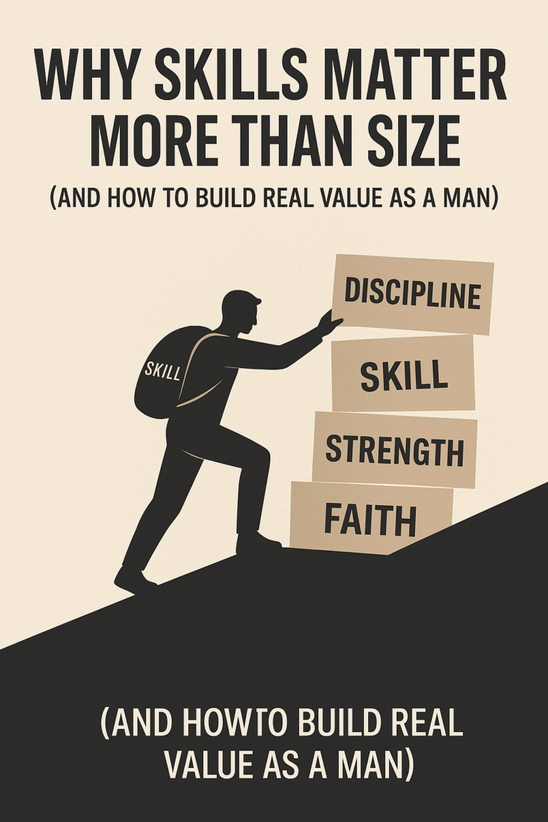 Minimalist illustration of a man climbing a slope while stacking labeled blocks—Faith, Strength, Skill, and Discipline—symbolizing the process of building high value as a man through consistent self-improvement.