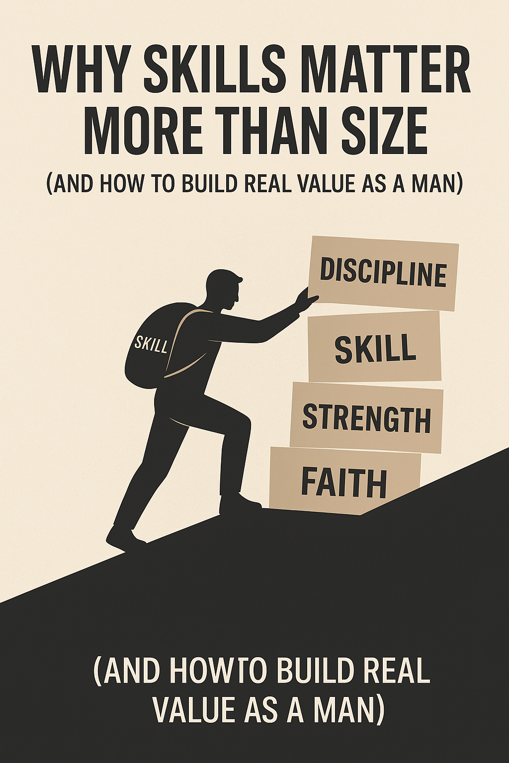 Minimalist illustration of a man climbing a slope while stacking labeled blocks—Faith, Strength, Skill, and Discipline—symbolizing the process of building high value as a man through consistent self-improvement.