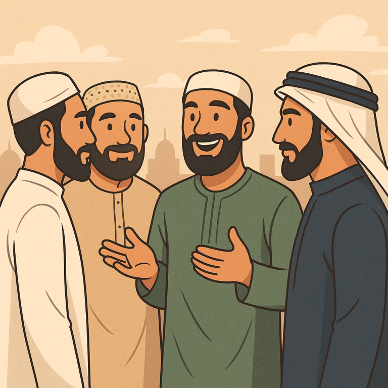 A digital illustration of four bearded Muslim men in traditional clothing standing together outdoors, symbolizing the importance of choosing good friends and supportive community.