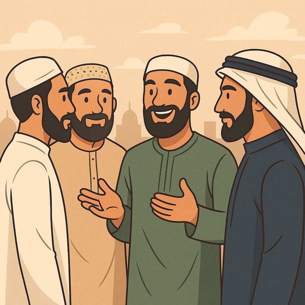 A digital illustration of four bearded Muslim men in traditional clothing standing together outdoors, symbolizing the importance of choosing good friends and supportive community.